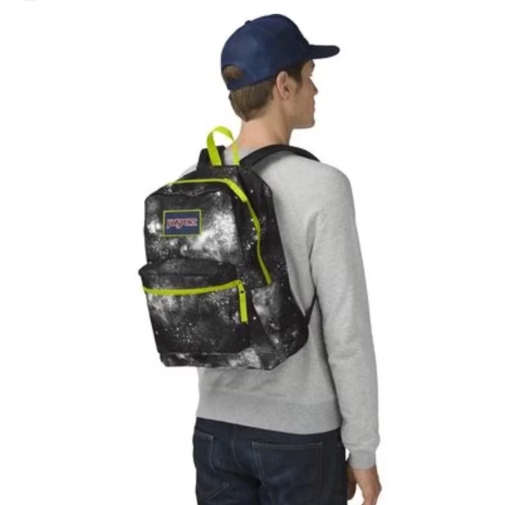 Jansport SuperBreak Backpack Black Galaxy Space Print Neon Green Accents Classic